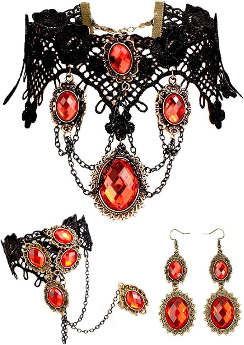 ELLEZZA Gothic Victorian Style Vampire Choker Necklace Bracelet Earrings Set,Halloween Pirate Steampunk Witch Vampire Costume Accessories Jewelry for Women,Adjustable Size - Image 1